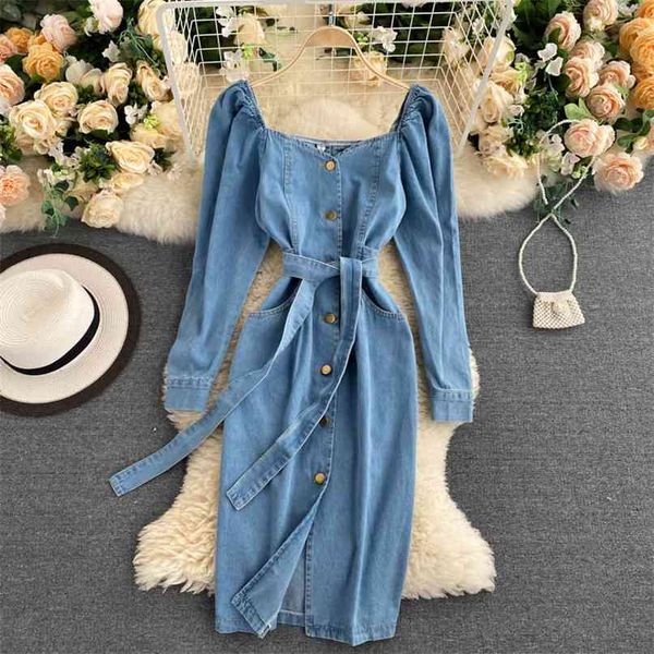 

chic dress women's fashion elegant square collar buckle lace-up high waist retro denim casual vestidos n959 210527, Black;gray