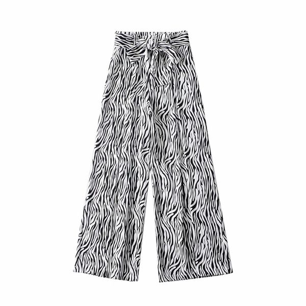 

women chic fashion side zipper belt zebra pattern pants vintage high waist leg split trousers casual female pantalones 210531, Black;white