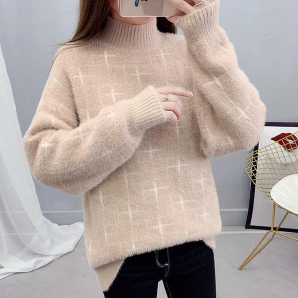 

lucyever turtleneck women sweater autumn elastic thick faux fur long sleeve knitted jumper plaid pullover loose winter women's sweaters, White;black