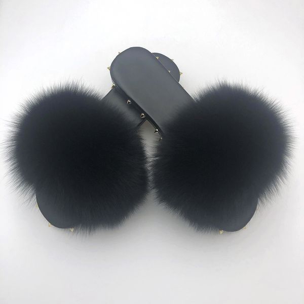 

women rhinestone slippers rivet slippers 2021 fashion women plush fox fur summer sandals home women summer luxury fur slides, Black