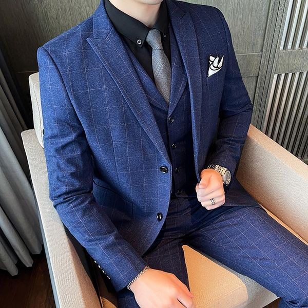 

men's suits & blazers (blazer+vest+pants )british men plaid 3 piece slim party high end custom business formal bridegroom's weddin, White;black