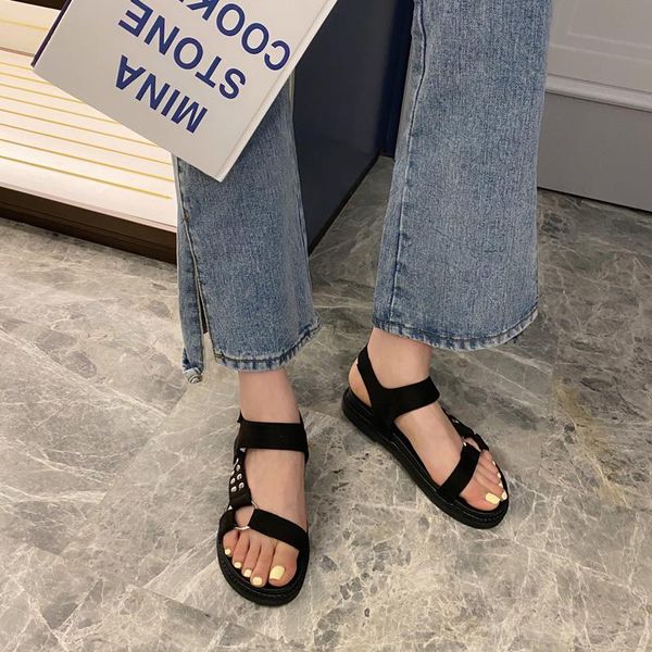 

fashion buckle ladies sandals summer casual flat heel punk rock black gothic shoes block heels ymb141
