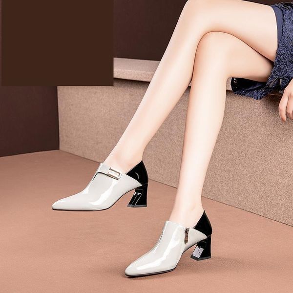 

dress shoes 2021 spring deep single woman square heel buckle women's high heels pointed toe joker pumps soft patent leather white, Black