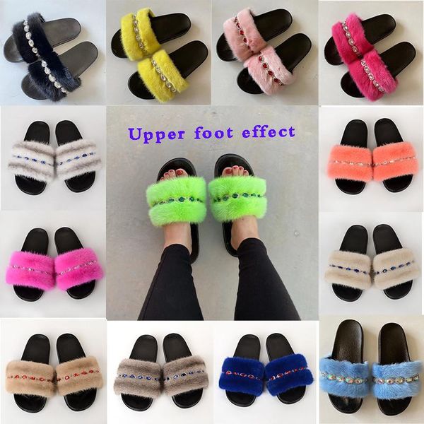 

slippers summer ladies real luxury mink designer slides furry outdoor open-toed home crystal flat casual shoes, Black