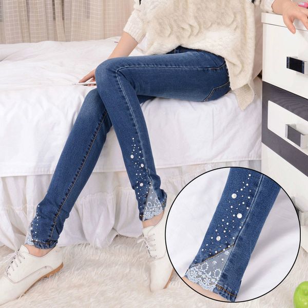 

jeans women's thin stretch blue waist brem pants ladies lace fine pencil jeans