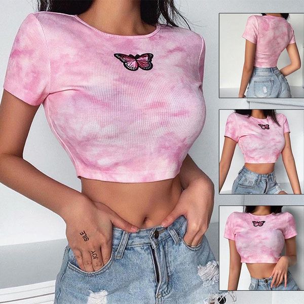 

women's t-shirt ectic2021summer fashion women tie-dyed t-shirts girls ladies short sleeve embroidery slim undershirt clubwear, White