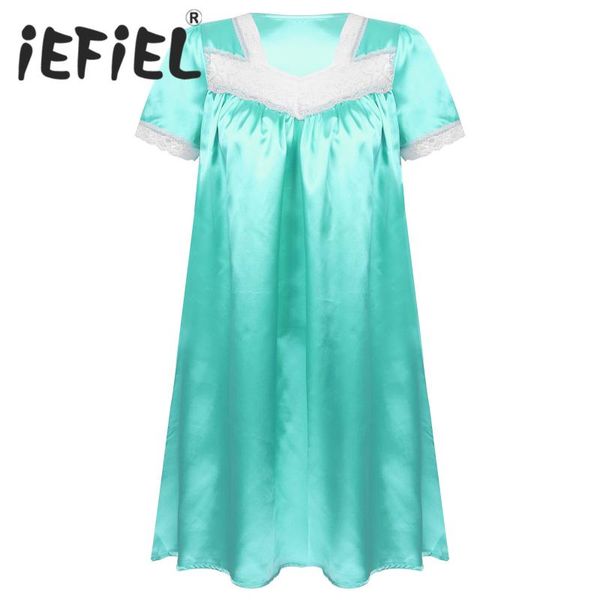 

women's sleepwear women femme girls satin nightgown dress short sleeve lace splice pleated nightdress silky lounge nightwear, Black;red