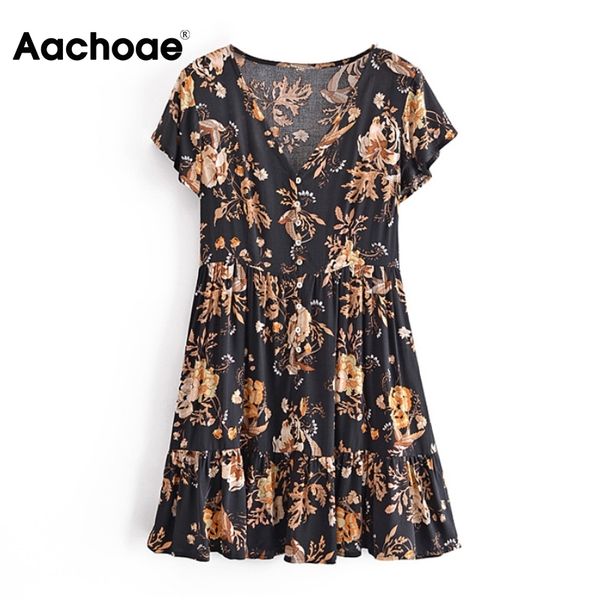 

women summer dresses v neck floral print vintage mini ladies short sleeve a line chic dress vestidos mujer 210413, Black;gray