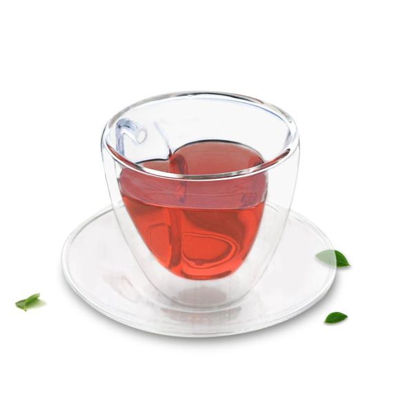 

mugs heart style heat resistant double wall clear glass teacup with saucer set