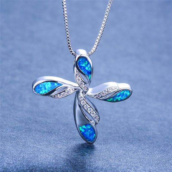 

pendant necklaces fashion white blue fire opal necklace female large cross vintage black silver color wedding for women
