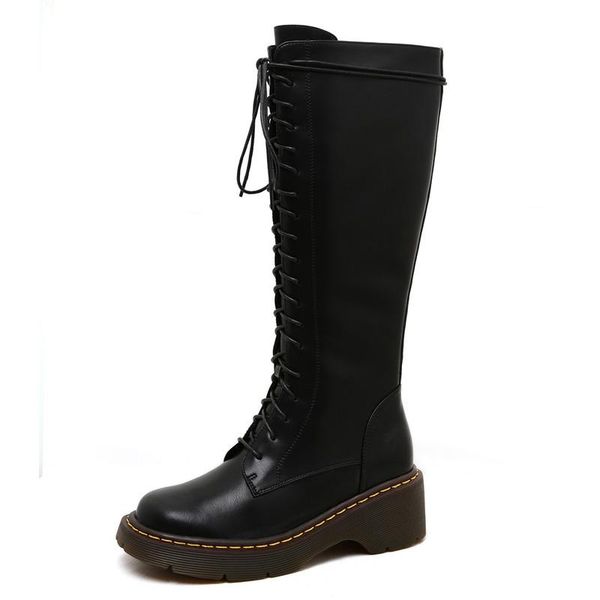 

boots winter fashion warm women's motorcycle genuine leather sheep shearing platform long laces zip handmade ms shoes, Black