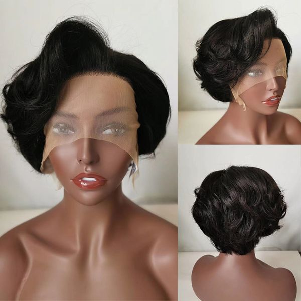 

dreamdianan 100 brazilian hair wigs short pixie cut ombre curly lace front wig remy human hair water wave 13x4 lace frontal wig, Black