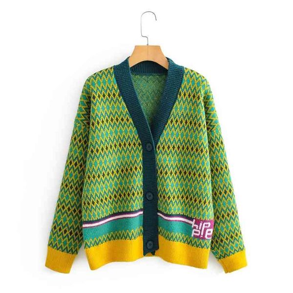 

women winter style v neck sweater and cardigans long sleeve oversized casual knit jumpers green stripe vintage jacket 210430, White