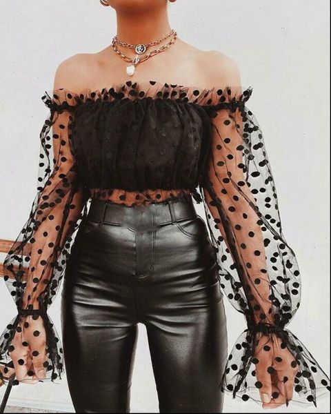 

women blouses sheer lace off shoulder shirt crop ladies polka dots party blouse fashion elegant mesh transparent blusa, White