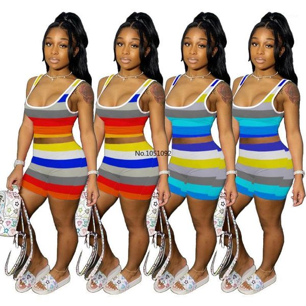 

summer rainbow striped women two piece set tracksuits tank crop biker shorts jogger suit outfits matching beach dress, White