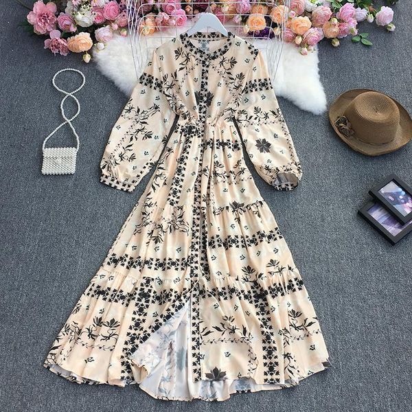 

casual dresses ftlzz spring autumn women bohemian print long sleeve vintage stand collar single breasted slim high waist, Black;gray