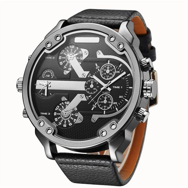 

wristwatches oulm mens big watches famous male quartz watch two time zone sports men large dial sport wristwatch relojes relogi, Slivery;brown