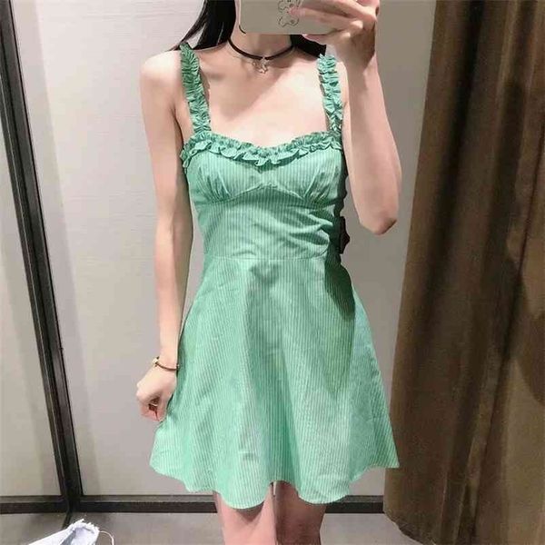 

women fresh green strap summer dress ruffled sleeveless slim a-line mini holidays beach slim women 210524, Black;gray