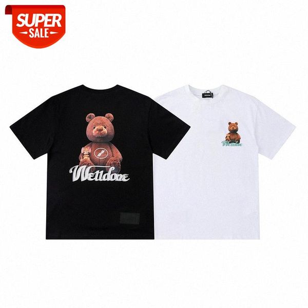 

quality back teddy bear print spot loose men and women with round neck short sleeve cotton #aa53, White;black