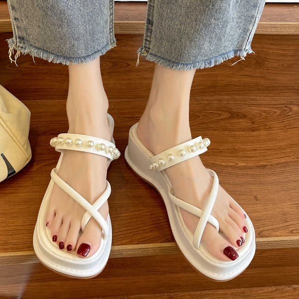 

rimocy summer clip toe wedges platform shoes for women fashion string bead beach flip flops woman med heels thick bottom sandals 210528, Black