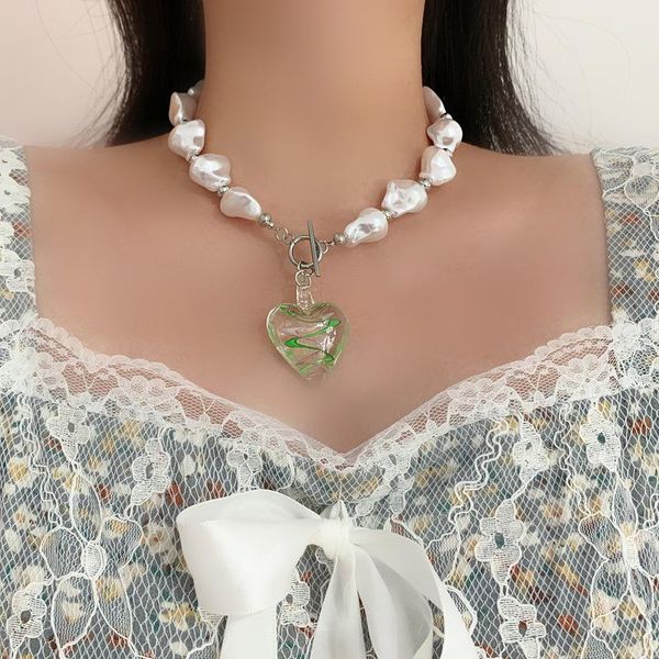 

chains minar sweet cool transparent green water wave love heart pendant necklace for women irregular baroque pearls chokers necklaces, Silver