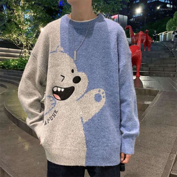 

men's autumn winter cartoon patchwork sweater casual o-neck sweaters fashion harajuku knitwear pullover 91o0, White;black