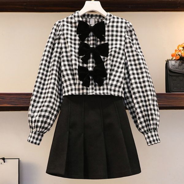 

skirt korean elegant two women plaid bow slim cropped blouse shirt blusas + pleated mini suits fashion 2 piece set w6g7, Black
