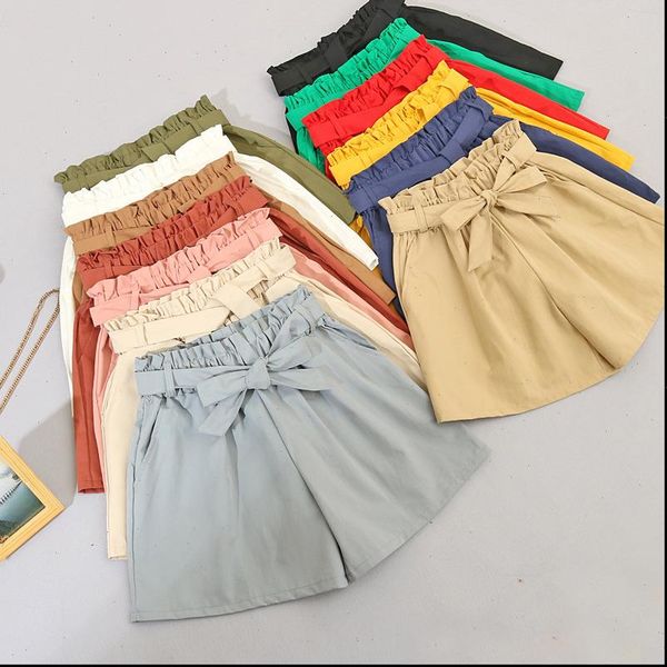 

elastic womens short waist tie bow loose cotton shorts summer korean ruffles wide leg for women wild casual, White;black
