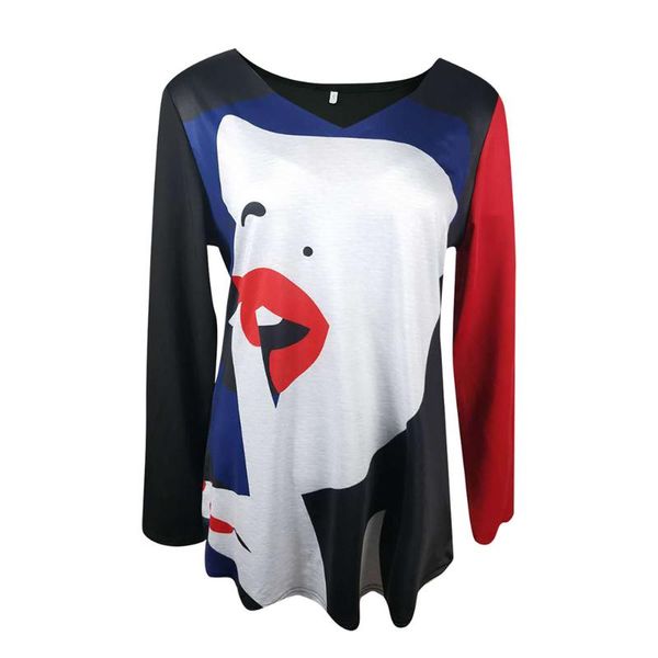 

women's t-shirt 2021 women long sleeve v-neck face abstract printautumn spring fashion casual personality loose t shirt, White