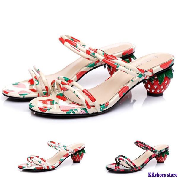 

summer ladies sandals fashion abnormal strawberry heel woman's sweet rhinestone slippers dress shoes, Black