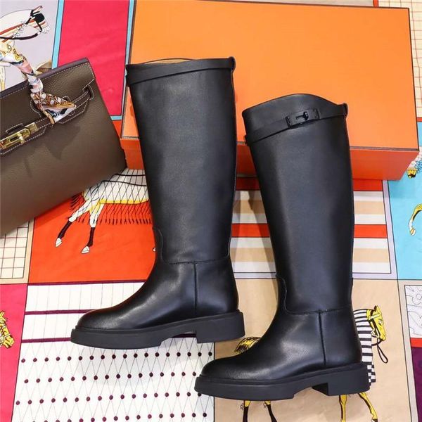 

boots fashion brand designer women slip on buckle design long thigh flat heel platform shoes woman, Black