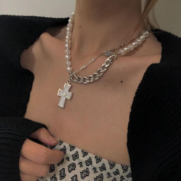 

chains spice girl earth cool necklace love cross pendant hip hop punk splicing national fashion pearl jewelry, Silver