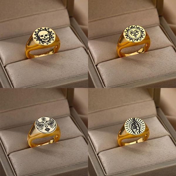 

wedding rings gothic skeleton gesture for women stainless steel punk moon face couple finger ring men aesthetic jewelry accessories gift, Slivery;golden