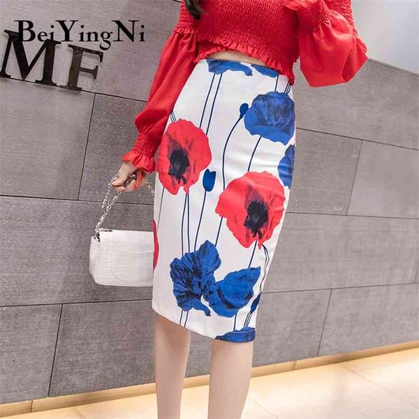 Cintura alta Saia Mulheres Impressão Floral Vintage Trabalho Skinny Wear Elastic Bodycon S Escritório Senhoras Elegante Lápis 210506