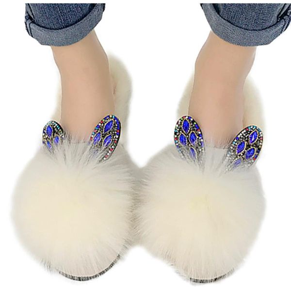 

slippers shoes woman add wool winter warm flat heels kapcie crystal ears covered slipper ladies zapatos de mujer, Black