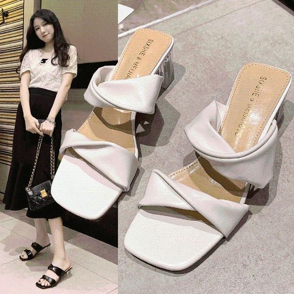 

slippers 2021 square toe for women summer outdoor wear korean ins fashion comfortable thick heel mid a842, Black