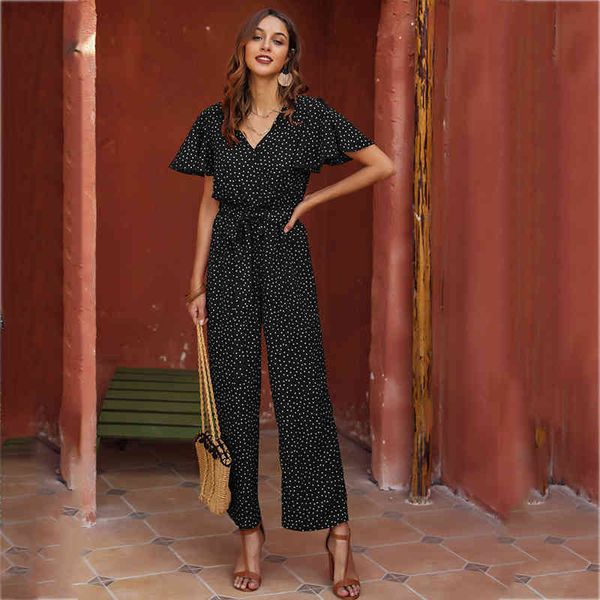 

women casual summer jumpsuit 2021 red dot print ruffle beach playsuit vintage long pants boho romper overalls, Black;white
