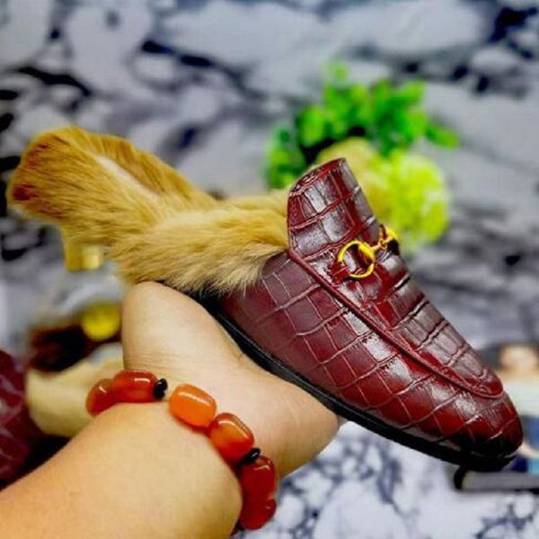 

men women slippers shoe warm wool male half slipper sandals authentic soft cowhide flat bottom metal buckle scuffs