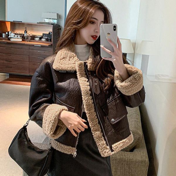 

women's leather & faux fur coat women stand collar full sleeve jacket winter plush thick outerwear ladies wool zipper female ld2603, Black