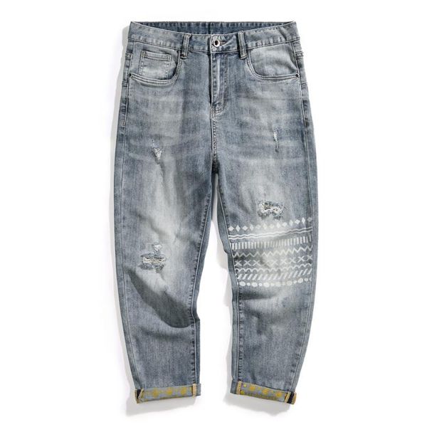 

men's jeans hip hop men light blue stretch cropped pants retro rip distressed wide leg harem fashion patterns capri-pants