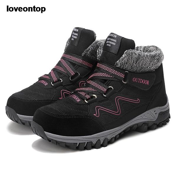 

boots loveonwinter women waterproof snow sneakers plush fashion casual warm flat platform fur genuine leather booties, Black