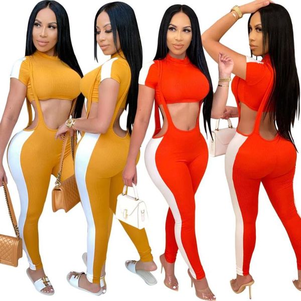 

fitness tracksuits knit rib 2 piece set summer lounge wear o neck crop with leggings bodycon two women outfits overalls, Gray
