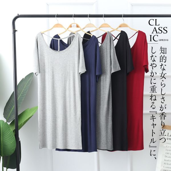 

women's sleepwear backless summer night modal cotton loose nightgowns short sleeve ladie's nightshirt l-2xl va68, Black;red