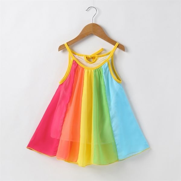 

new girls' rainbow stripe stitching dress summer princess skirt straight, Red;yellow