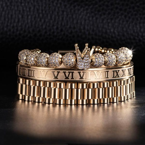 

charm bracelets luxury micro pave cz crown roman numeral bracelet 12mm watch band stainless steel dudes rollie macrame wristbands men jewelr, Golden;silver