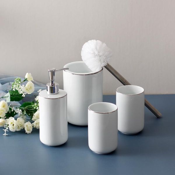 

ceramic bathroom kit lotion bottle/toilet brush/mouthwash cup/soap dish household shower gel dispenser bottle decoration bath accessory set