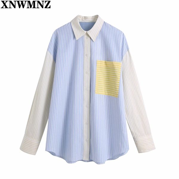 

women fashion patchwork pockets striped boyfriend style shirt female contrast stripes long cuff shirts blusas chic 210520, White