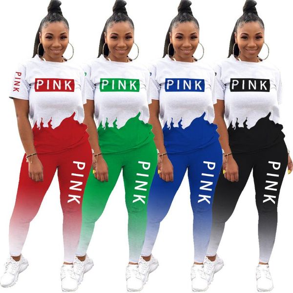 

women's two piece pants zaggin 2021 autumn women letters pink 4-color skinny 2-piece sets casual lady o-neck short sleeve long sports, White