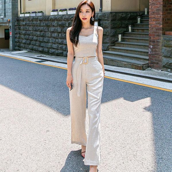 

two piece dress fashion summer women set sleeveless v-neck and pencil pants suit korean style temperament lady streetwear, White
