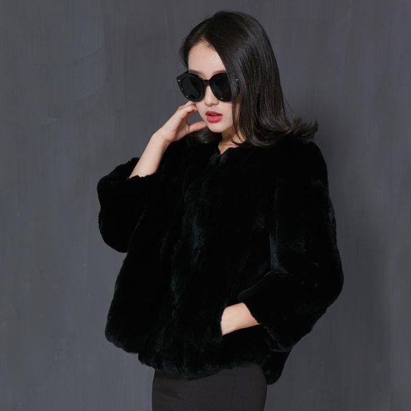 

women's fur & faux real rex coat natural 2021 korean fashion autumn winter jacket women genuine coats plus size 116200, Black
